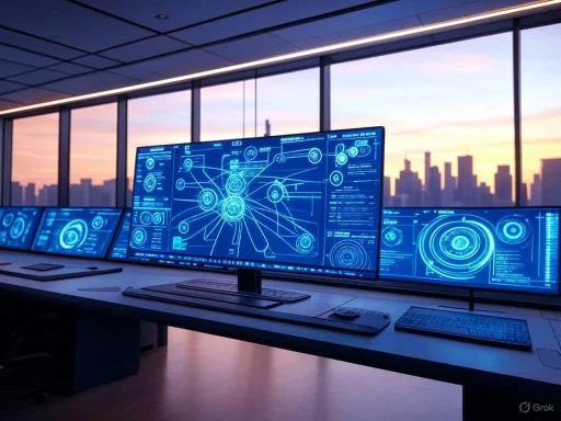 A futuristic control room showcases multiple holographic blueprints and data screens at sunset.