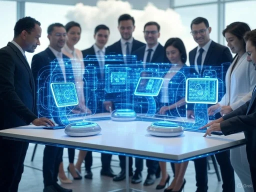 Business team analyzing futuristic holographic data displays at a modern office table. Business team analyzing futuristic holographic data displays at a modern office table.
