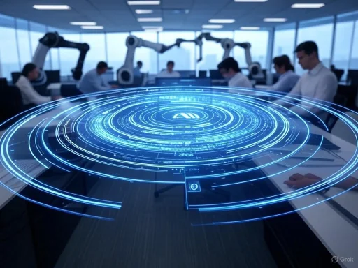 People working in a tech office with robotic arms and a glowing futuristic holographic interface.