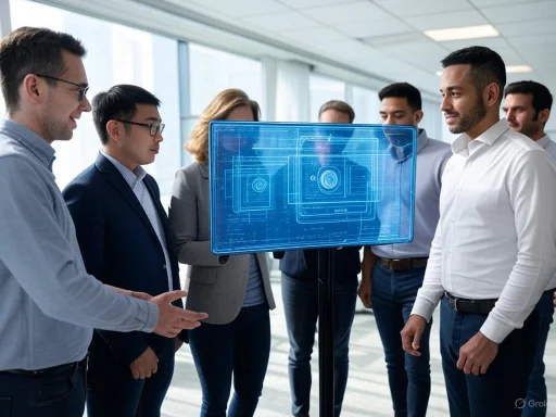 A diverse team reviews a holographic blueprint of a mechanical device in a modern office.