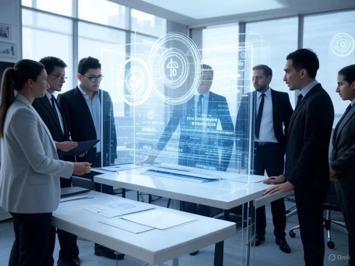 Business team analyzes data on futuristic transparent digital interface in office. Business team analyzes data on futuristic transparent digital interface in office.