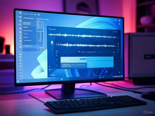 Computer screen showing audio waveform analysis in a dimly-lit, purple-blue room.