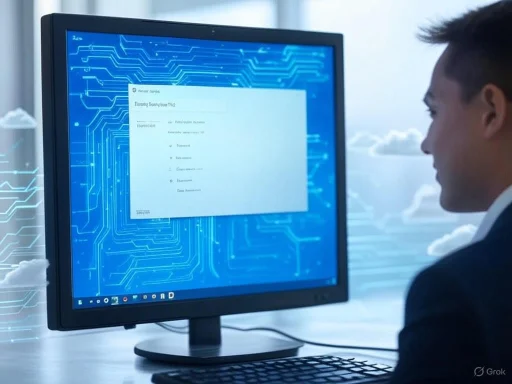 A man in a suit views a computer screen displaying a cybersecurity interface with circuit patterns.