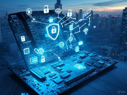 A futuristic laptop displays glowing digital security icons symbolizing cybersecurity in a cityscape.