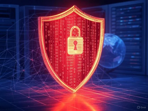 A glowing red digital shield with a padlock symbolizes cybersecurity and data protection.