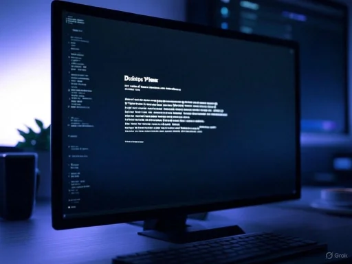 A computer monitor displaying code or text in a dimly lit, blue-toned workspace.