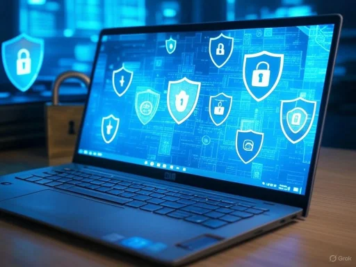 Laptop screen displaying multiple security shield icons, symbolizing cybersecurity protection.
