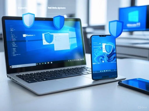 Laptop and smartphone displaying security shield icons representing device protection. Laptop and smartphone displaying security shield icons representing device protection.
