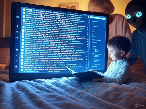 A child reads a book next to a large screen with code, accompanied by a glowing-eyed figure.