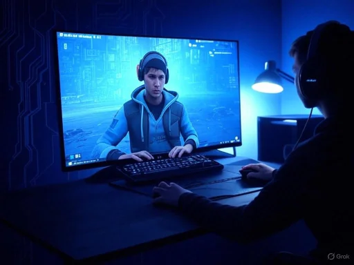 A person gaming in a dark room with blue lighting, wearing headphones, focused on a computer screen.