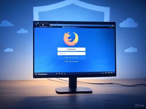A computer screen displays a Firefox login page on a desk with a shield and cloud background.