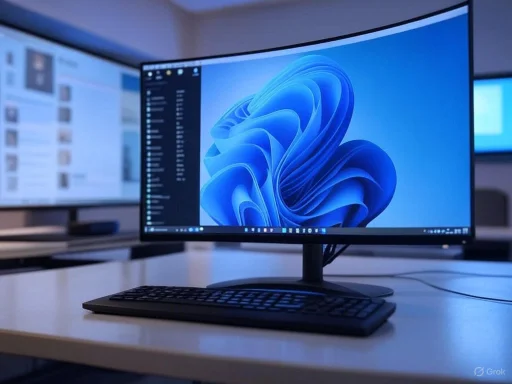 Curved ultra-wide monitor on a desk displaying Windows 11 with a keyboard in front.