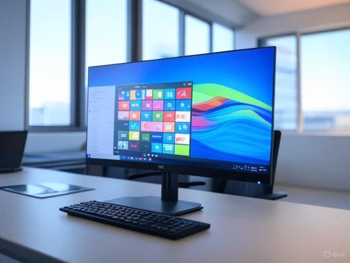 A modern curved monitor and keyboard set up on a desk in a bright office.