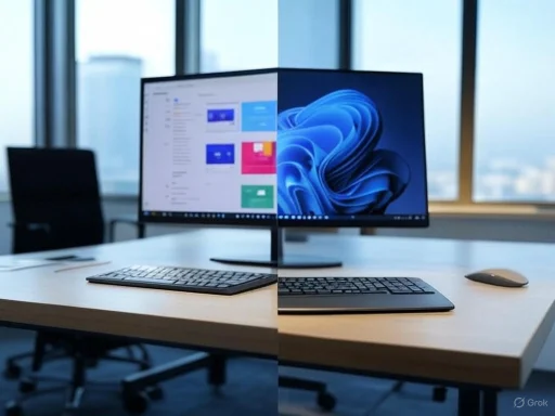 The image splits a modern office setup showing two different computer screen displays and keyboard styles.