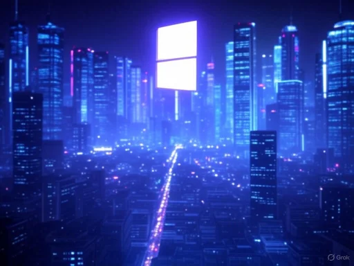 A futuristic cityscape at night with neon lights and a glowing Windows logo hovering above. A futuristic cityscape at night with neon lights and a glowing Windows logo hovering above.