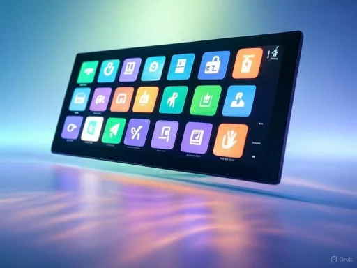 A digital tablet displays a grid of colorful app icons on a reflective surface.