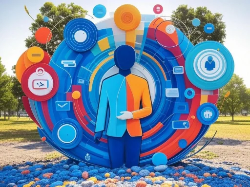 Colorful abstract sculpture of a person surrounded by various circular tech icons outdoors.