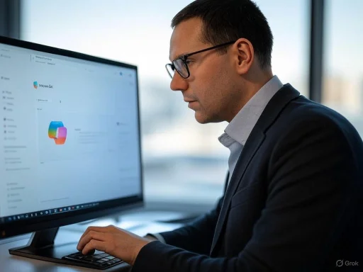 A man in glasses works intently on a desktop computer in a modern office. A man in glasses works intently on a desktop computer in a modern office.