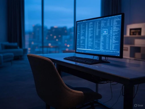 A modern workspace with a computer displaying code in a dimly lit room at dusk.