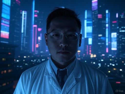 Man in a lab coat and glasses stands against a futuristic cityscape with neon lights at night.