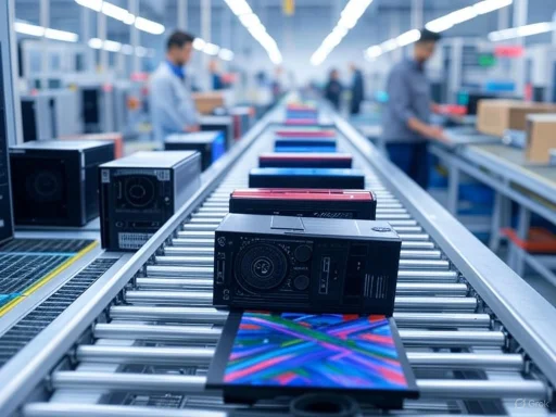 Electronics on a conveyor belt in a factory with workers in the background.