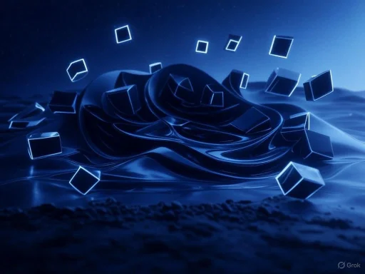 Glowing blue cubes float above a shiny, wavy surface in a dark, futuristic setting.