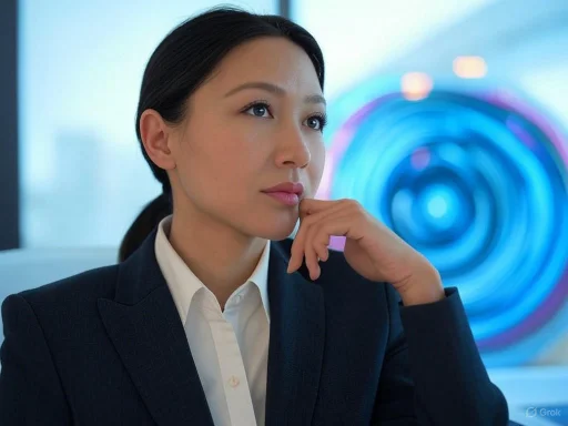 A professional woman in a suit thoughtfully gazes ahead with a colorful abstract background.
