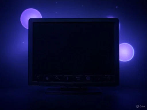 A dark screen surrounded by glowing purple orbs on a shadowy background.