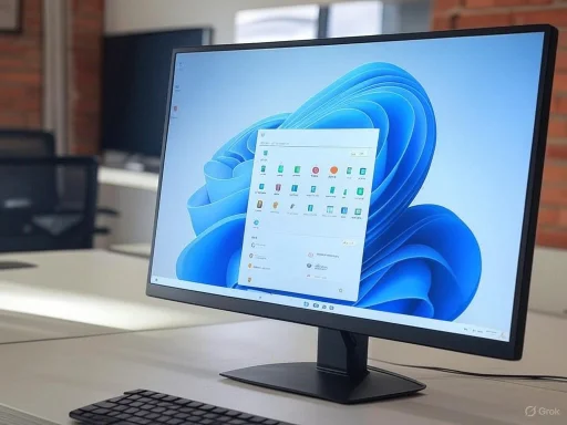 A modern desktop computer setup with a widescreen monitor displaying a blue abstract wallpaper.