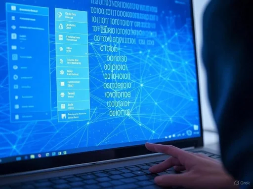 A person interacts with a laptop displaying a digital interface with binary code and interconnected network graphics.