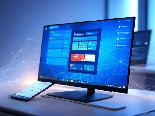A sleek computer monitor and smartphone display a digital interface with interconnected network graphics in a modern workspace.