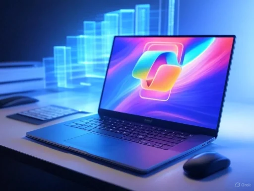 A sleek laptop with a colorful digital screen, connected to a mouse, with a digital graph display in the background.