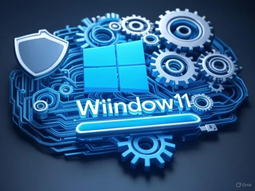 A digital illustration of a blue circuit board with gears, a shield, and the Windows 11 logo, symbolizing technology and cybersecurity.