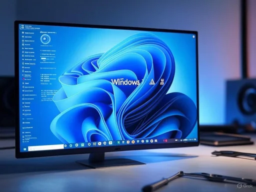 A computer monitor displaying the Windows 11 desktop with a blue abstract background and various icons and files.