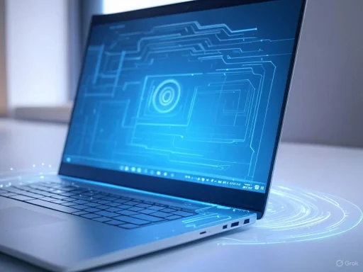 A laptop displaying a futuristic digital interface with glowing circuit-like patterns and holographic effects.