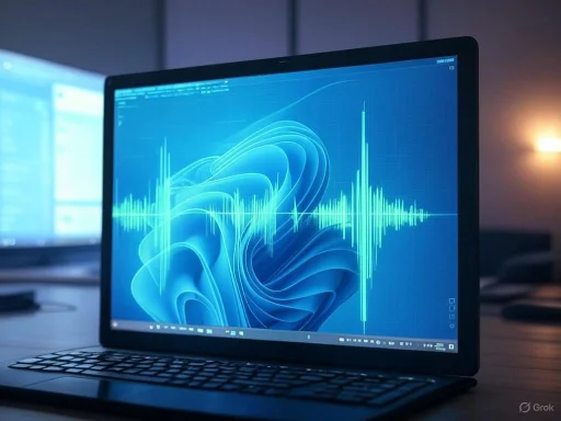 A laptop displays a digital sound wave visualization on a blue background in a dimly lit room.