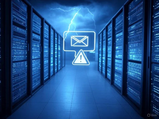 Lightning strike hits a warning symbol amid server racks, indicating a cybersecurity threat or alert.