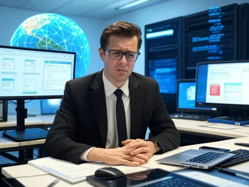 Concerned businessman working at a desk in a high-tech control room with multiple monitors and a digital globe in the background. Concerned businessman working at a desk in a high-tech control room with multiple monitors and a digital globe in the background.