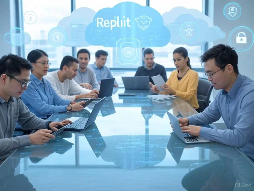A diverse group of professionals in a meeting with digital cloud graphics and 'Replit' branding displayed overhead.
