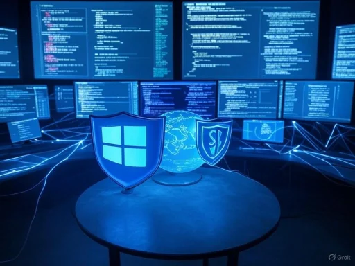 Multiple computer screens display coding and security symbols, emphasizing cybersecurity and digital protection.