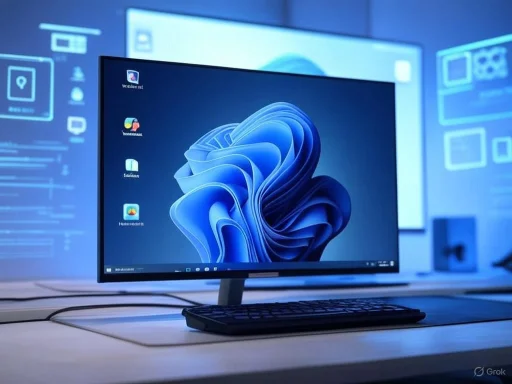 A computer monitor displays the Windows 11 desktop, set up in a high-tech environment with digital interfaces in the background. A computer monitor displays the Windows 11 desktop, set up in a high-tech environment with digital interfaces in the background.