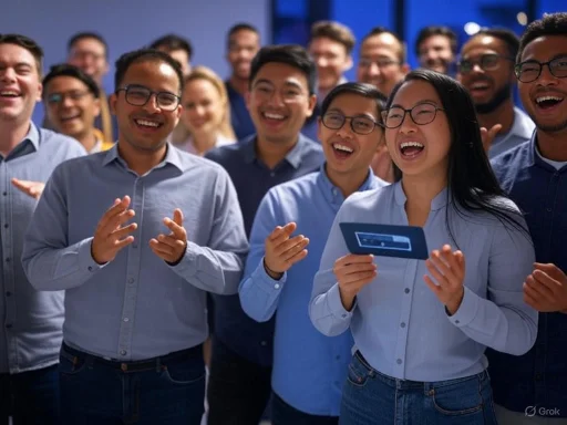 A diverse group of people cheering and smiling at an event or celebration.