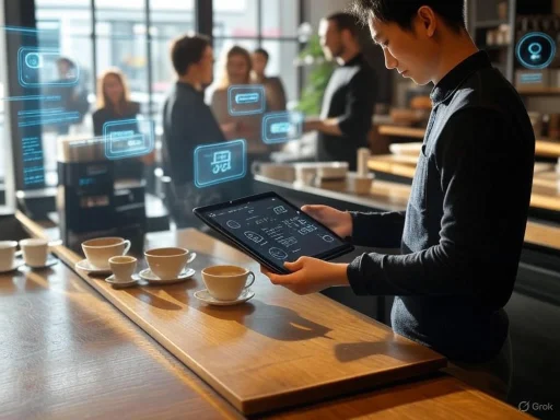 A barista uses a digital tablet with holographic displays in a modern coffee shop with customers and staff in the background. A barista uses a digital tablet with holographic displays in a modern coffee shop with customers and staff in the background.
