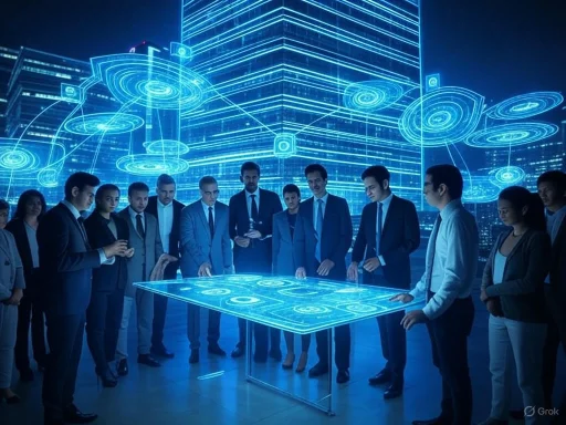 A group of professionals gathers around a large, illuminated digital table with holographic cityscape projections. A group of professionals gathers around a large, illuminated digital table with holographic cityscape projections.