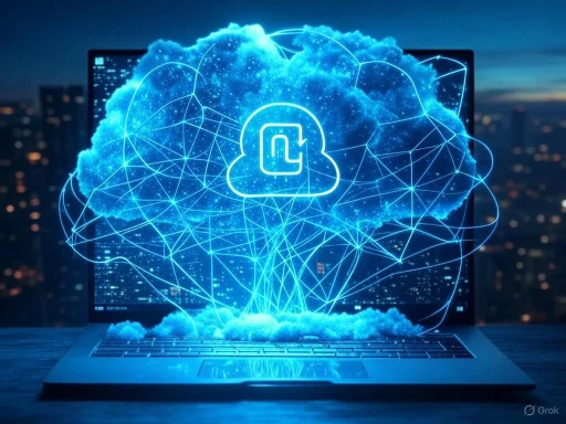 A digital cloud with interconnected lines emerging from a laptop, symbolizing cloud computing and data networking.