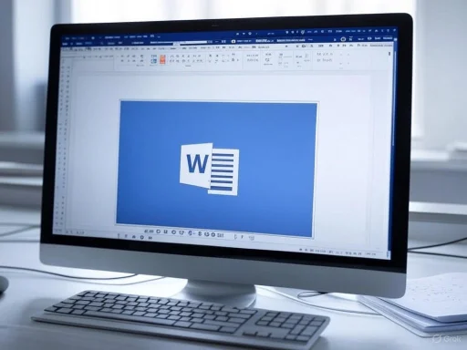 A computer monitor displays Microsoft Word with a large Word logo on the screen. A computer monitor displays Microsoft Word with a large Word logo on the screen.