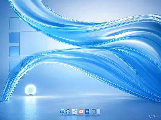 Abstract blue waves with app icons at the bottom, resembling a sleek, modern digital interface.