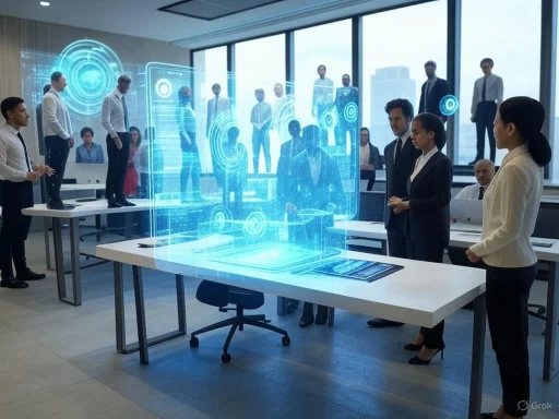 Business people observe a holographic display of digital profiles in a modern office conference room.