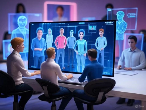 Team of professionals developing or analyzing a 3D digital human model in a futuristic virtual environment.