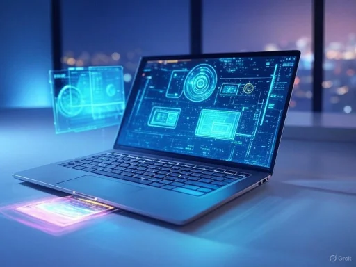 A futuristic laptop displays holographic digital interfaces in a high-tech, darkened room.